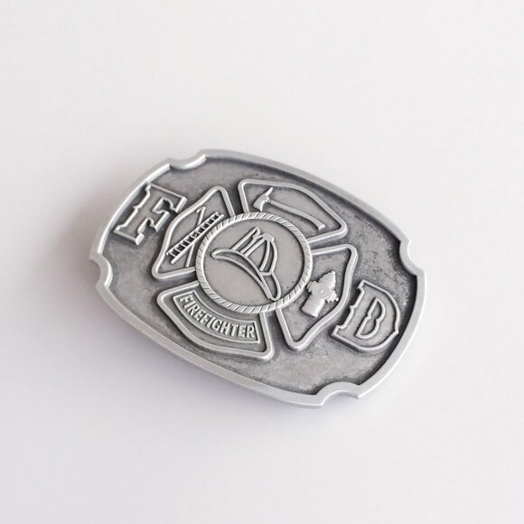 Men's Silver Antique Brushe Metallic Zinc Alloy Firefighter FD Belt Buckle - Picture 4 of 6